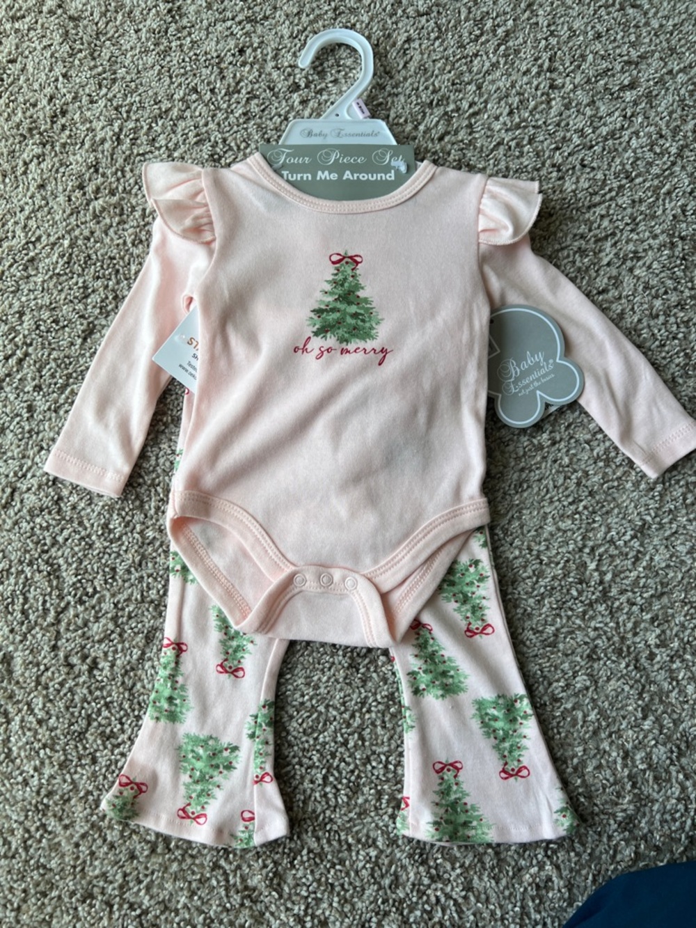 Baby Essentials Pink Christmas Tree 2-Piece Bodysuit Set with Headband and Socks